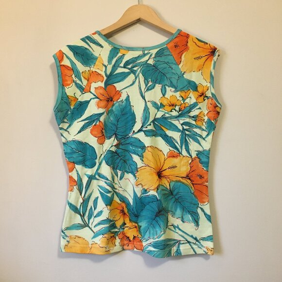 Cactus Faux Wrap Hawaiian Orange Hibiscus Tropical Sequin & Cotton Top - Picture 2 of 15